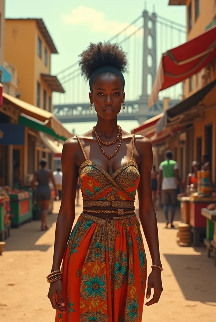 a Brazilian woman standing in a busy city scene. The woman is depicted with intricate shading that highlights her facial features, curly hair, and traditional clothing. The background shows a cityscape with a mix of modern buildings and street vendors, sketched with fine lines and attention to urban details. style is realistic with a touch of softness, emphasizing both the woman and her surroundings. The lighting is subtle, with careful use of shadow and highlights to create depth. High-resolution, hyper-detailed