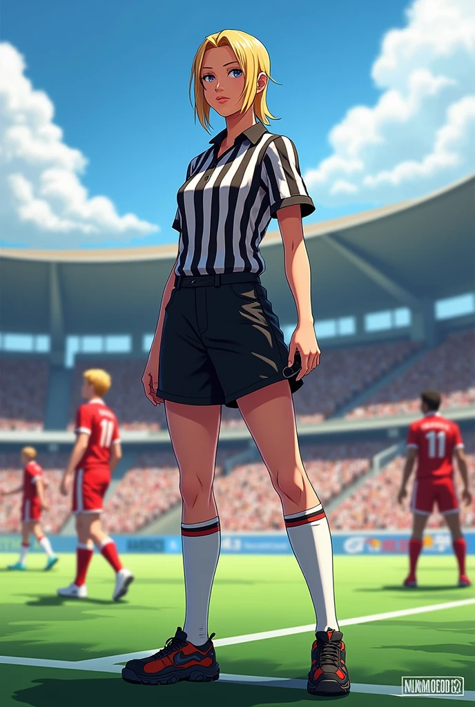 A girl with short white hair wearing a red Chinese combat suit on top and a not-so-long skirt, Black high boots and long sleeves on the arms Japanese manga style Height 169 Big bust long legs 2 Looks like a young adult Full body While watching a football match