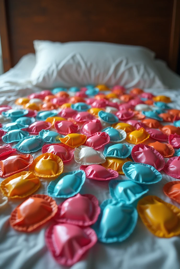 A venomous snake is biting a balloon on a bed,indoor,