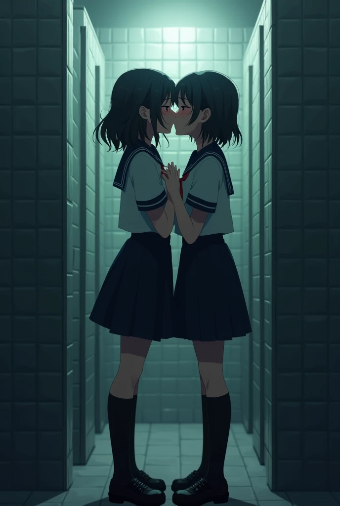 Short black hair teenage girl in school uniform sad talking to another girl .in the background a classroom