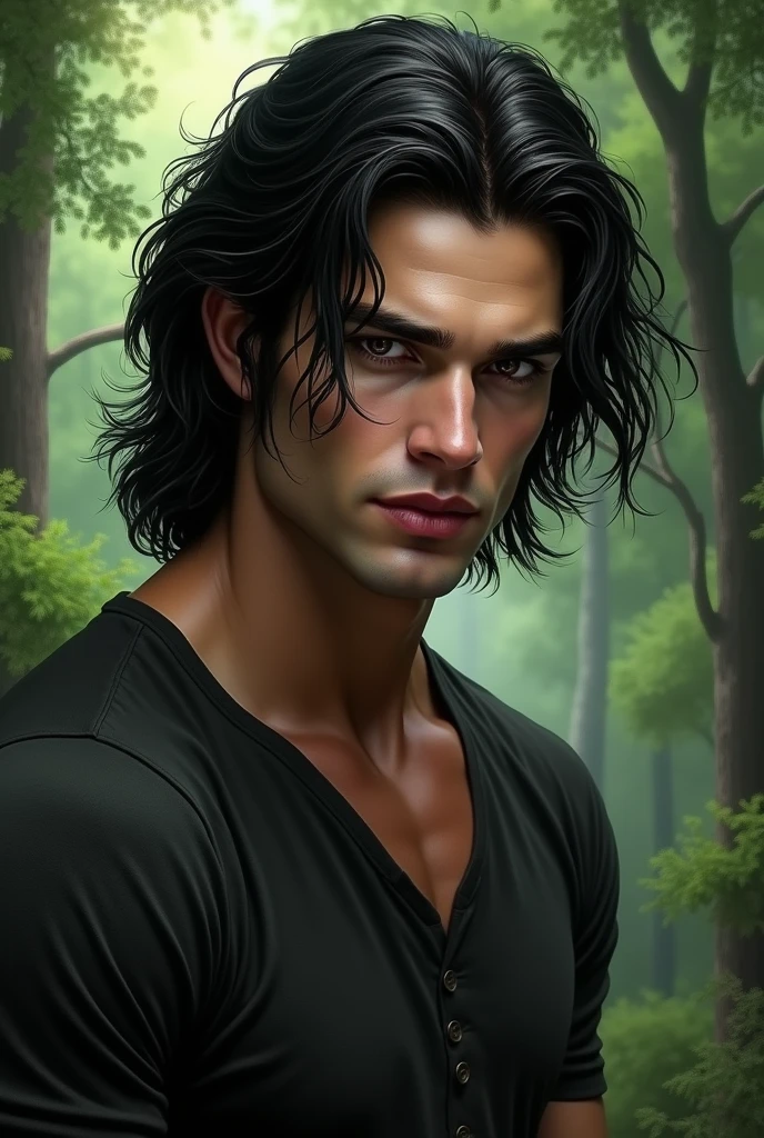 Masterpiece, A boy has short black hair and green eyes, 1boy, AS-Adult, short-haired, black hair, amazing physicality, shirtless and jeans, green eyes, wavy-hair, totally-clean-shave symmetrical face. Symmetrical, smooth, clean shave focus, illustration, realistic, artstation, award winning photography, octane render, cinematic lighting from the right, hyper realism, octane render, 8k, depth of field, 3D. He looks at the viewer. Full figure. Backgound a forest.