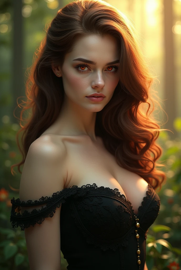 the overall theme and style should feel like. a hybrid of fairytale and Science Fiction. extremely beautiful model, 20 years old female, long bright fire red hair, hair that has a mettalic glimmer and sheen. realistic, perky breasts, cleavage,, oppulent form fitting hooped skirt, red corset, large tiara all dovered in ornate detailed lace and filligree. Wide Smile, Eyes Detailed & Wide, Dynamic Pose. Ultra HD, Rococo-Inspired Fantasy Art With Intricate Details. Cute, Charming Expression, Alluring-Gaze, looking at viewer Beautiful Eyes, An-Ideal-Figure. Large Youthful Well-Shaped-Breasts, Attractive ass showcased. Massive-Round-Bosom, Décolletage. slim waist, fit body, full lipsWarm lights , woman in a dreamy forest at night, with fluffy hair, delicate face, realistic, real, slim, large aperture, sexy shots, attractive poses,Stunnin gly beautiful merge of Scarlett Johanson. Alison Brie, Selena Gomez. symmetrical face, photorealistic, photography, path tracing, specular lighting, volumetric face light, path traced hairmaximum quality{(masutepiece) (8K High Resolution) (top-quality)
