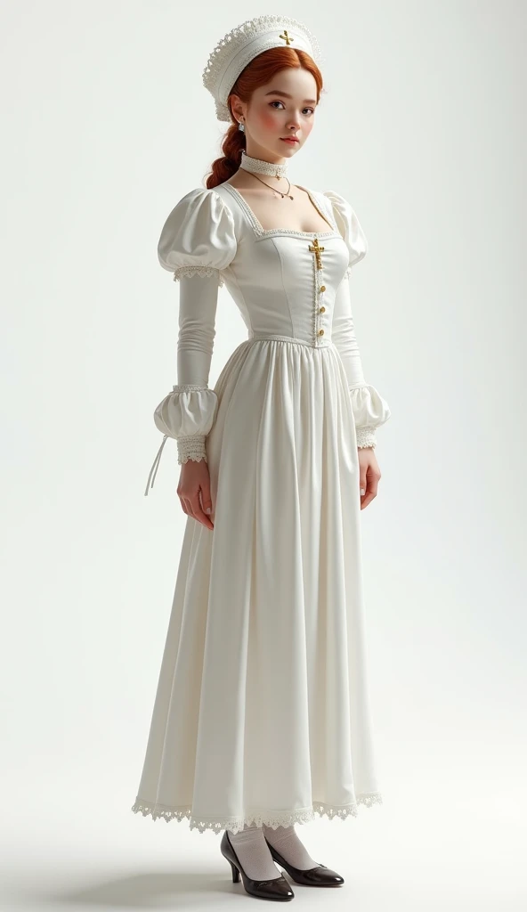 A young girl in realistic portrait of high quality and detail, movie style, Barbara (Genshin Impact), a young girl of petite build with ash-blond hair gathered in two ponytails and blue eyes. She is dressed in a white off-the-shoulder dress decorated with gold embroidery and a dark blue petticoat with the same color lapels on the sleeves. The bodice of the dress is decorated with a sea-green bow. The outfit is complemented by white tights, white shoes with black lacing, blue ruffles and a black block heel and a separate collar. On her head she wears a white and blue cap with a gold cross, similar to a nurse's headdress. Barbara also carries a spell book with a blue cover, decorated with gold and a cross keychain. She attaches it to a black leather sling with a gold buckle. light and peaceful atmosphere, glow, eye shadow, 1girl, fantasy, Depth & Perspective, smiling on her face, Mystical powers, fine face, She stands in the middle of the church hall, indoors, sunlight from stained glass windows, looking at viewer, (ultra-high detail:1.2), Masterpiece, Best Quality, Ultra-detailed, Cinematic lighting, 8K, delicate features, cinematic, 35 mm lens, f/1.9, highlight lighting, global lighting –uplight –v 4, cinematic, Cinematic lighting, 8K, high quality, Highest Quality, (Solo Focus), (extremly intricate:1.3), (Realistic), masterful, Analog style, (Film grain:1.5), (warm hue, cold tone), 