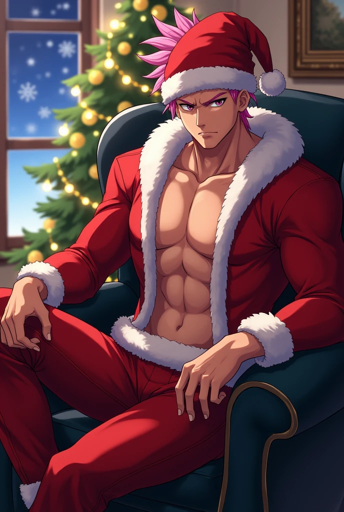 man, short purple hair, purple eyes, with bare chest, with headband with horns and reindeer ears for Christmas, Red nose, chest straps with bells, light brown pants with bells