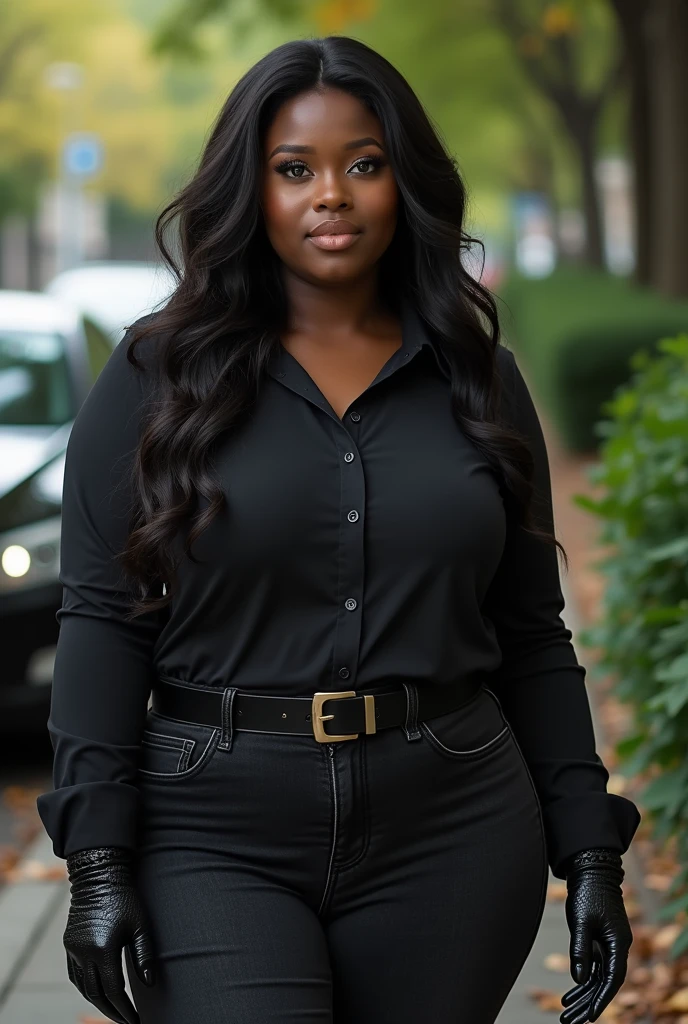a fat black intersex person in an environment that conveys lightness and beauty (tropical), wearing a white short sleeve blouse, black tailored pants and a black blazer resting on the left shoulder. series, mas imponente, sexy without being vulgar. With hydrated curly hair and well-defined curls
