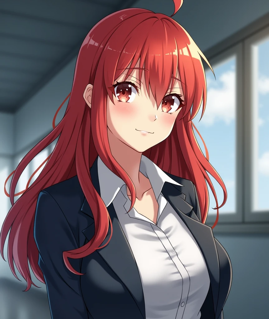 (high quality:1.1),pretty,1 high school student girl,red hair color,middle long hair style,smile,(large breasts:1.4),