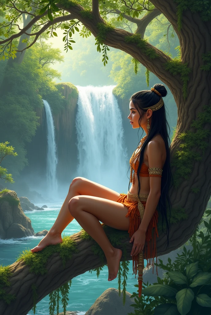 mujer"Sacerdotisa voluptuosa y misteriosa meditando en un paisaje encantador cerca de una cascada, Dressed in a sacred robe and adorned with tattoos and piercings, framed by a magnificent Hindu temple. The image is an ultra-realistic representation captured in stunning detail." --auto