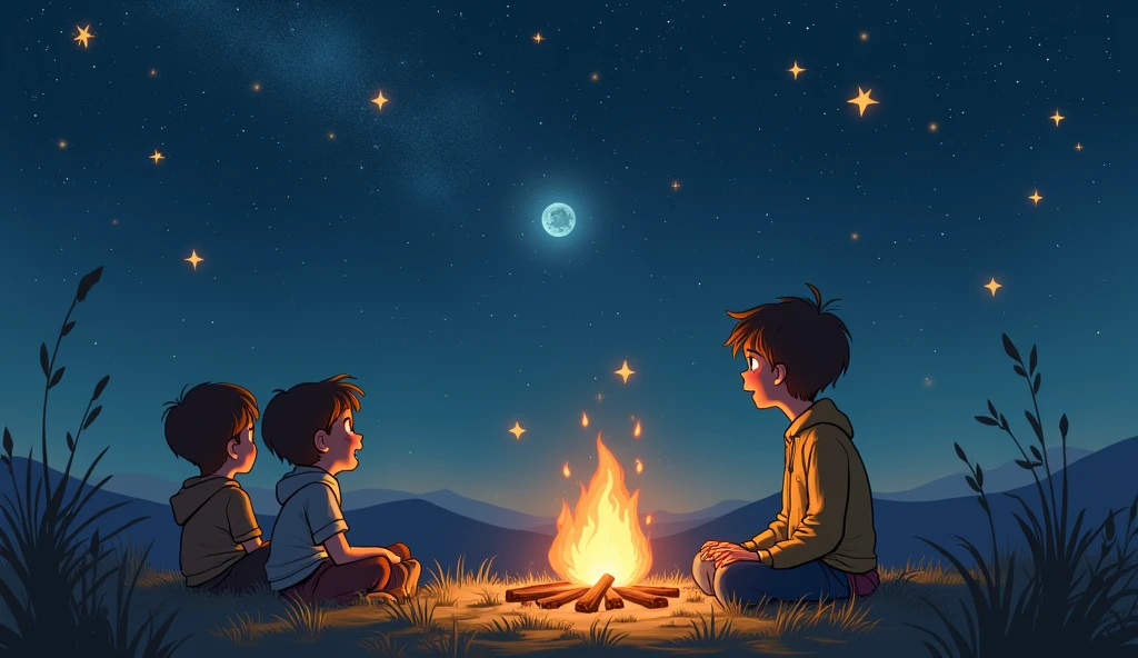 I need the backs of a boy in a black sweatshirt sitting on the ground, watching a big bonfire in the middle of the night 