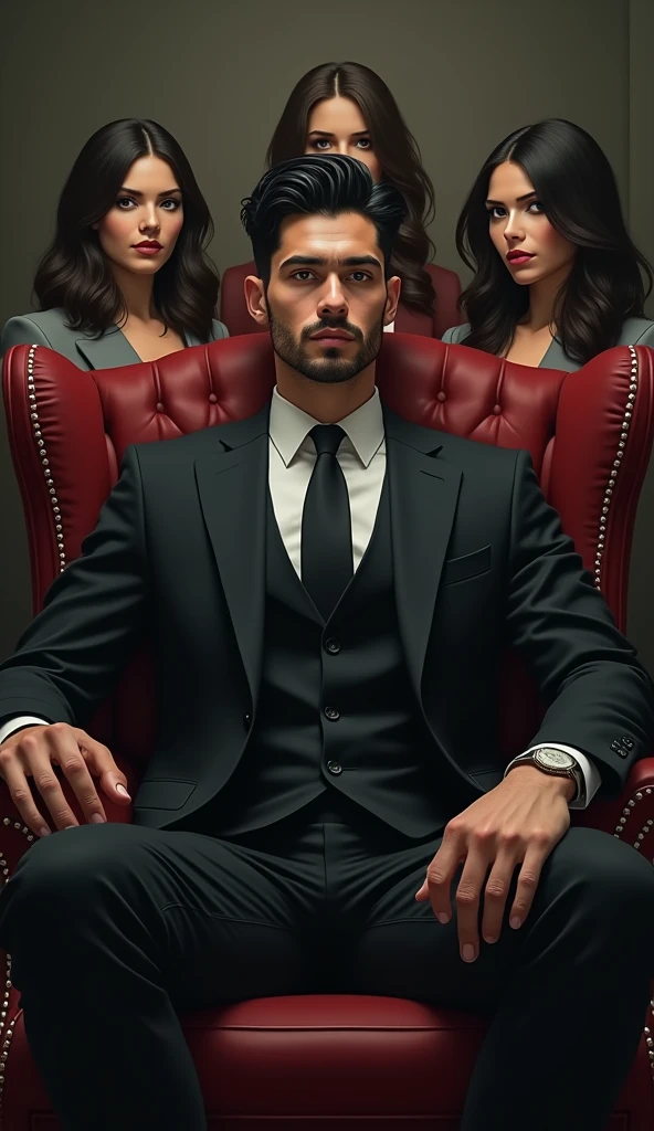 A ( hombre guApo , trAje negro , Ojo Azul brillAnte mágico, sentAdo en unA sillA como rey , se ve tAn geniAl y con un fondo oscuro Detrás de él, muchAs chicAs de pie, todAs visten un vestido de esclAvA de hArén púrpurA, sumisAs vestido blAnco