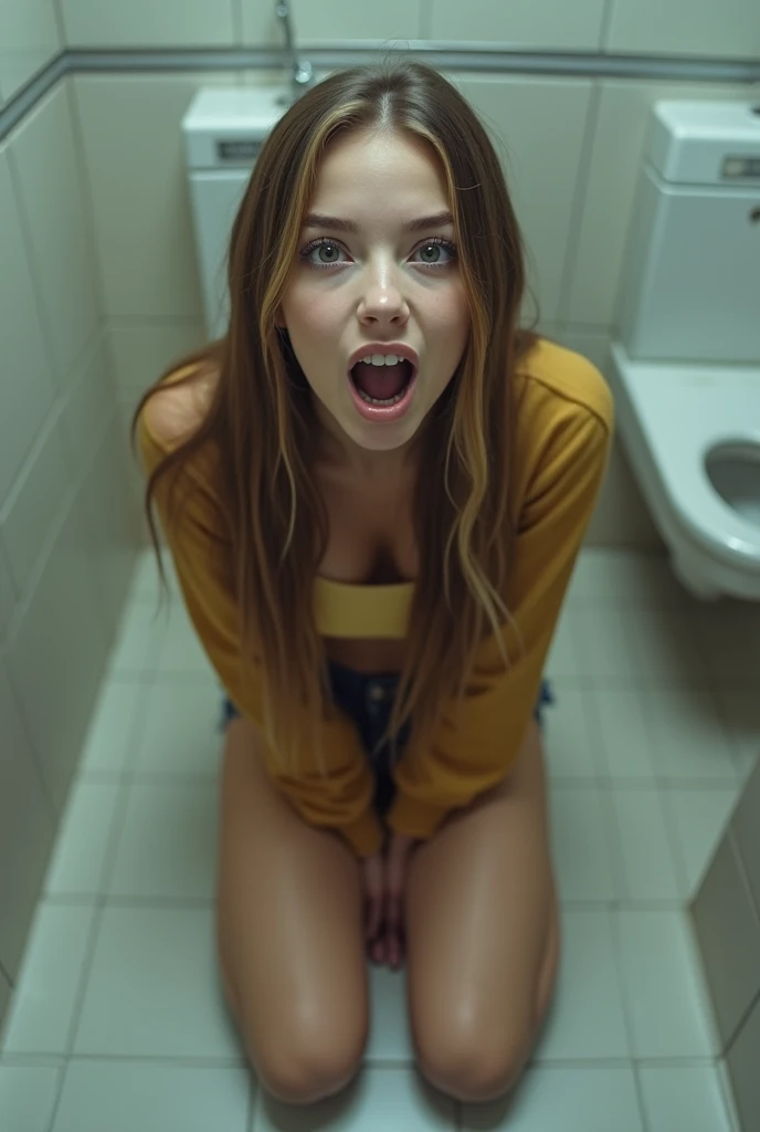 front view, ne jeune fille presque nue, (une adolescente) (faire pipi, urgentement), les sous-vêtements sont tirés vers le bas sous son genou) (Réaliste) (faire pipi in a public toilet room) (s'accroupir) (taches de pipi) ( du pipi coule sur ses fesses), très petits seins pointus, squatting, spread legs, aged ,seins nus, string dentelle transparent, braless, camel toe, peeing through her string, pisse dans sa culotte, poitrine nue, open mouth orgasm, moan climax orgasm