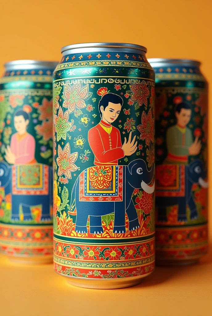 Design of fruit juice cans with Thai patterns and elephants in the patterns, characters from Thai literature.