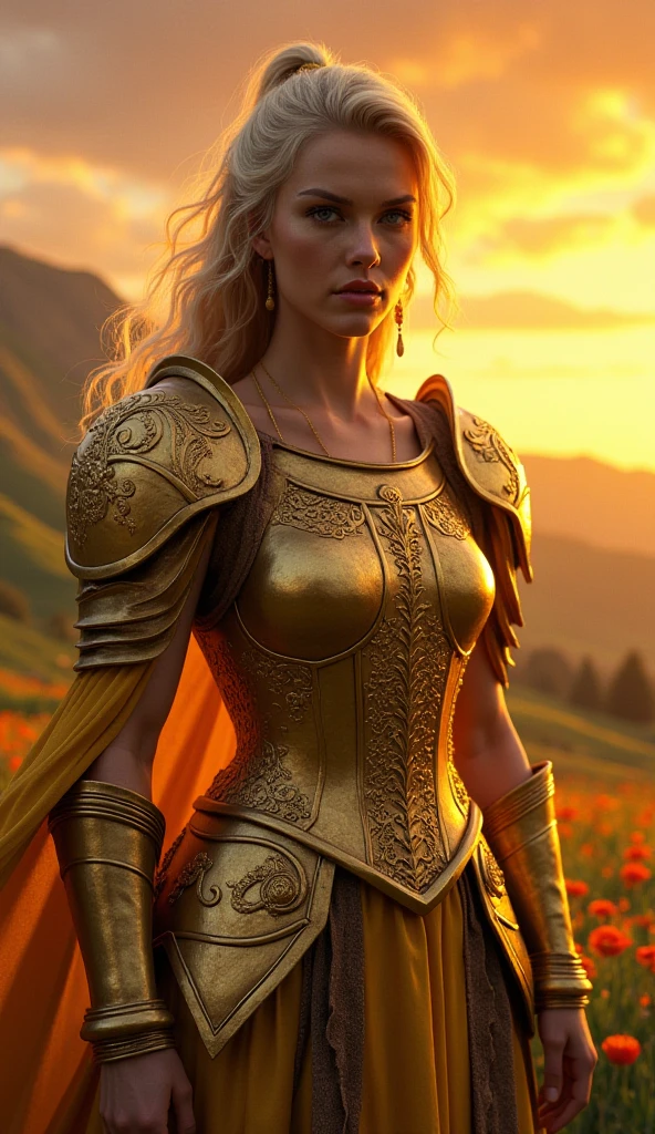 (photorealism:1.2), beautiful woman, glowing in golden colours, wearing a golden armour, long curly blond hair, outdoors, soft lighting, relaxed pose, realistic, intricate details, warm colors