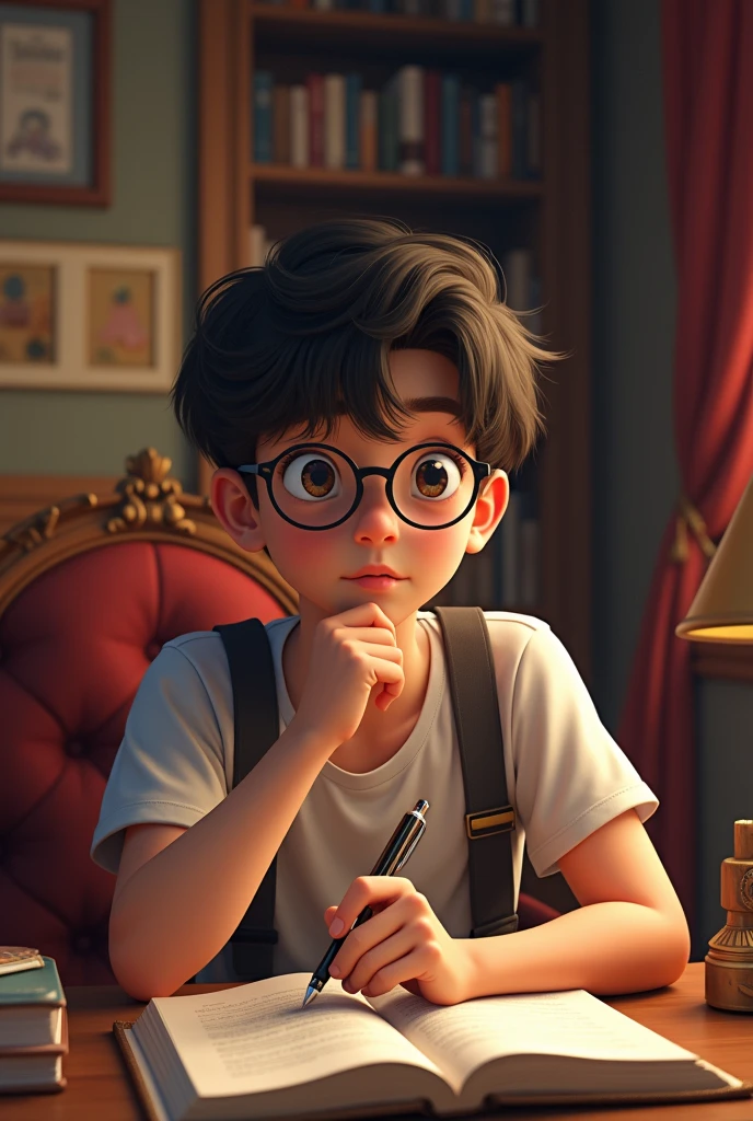 A boy in nurses's dress a watch in his left wrist and a small towel on his shoulder black glasses on his thy and he is sitting on chair in the room
