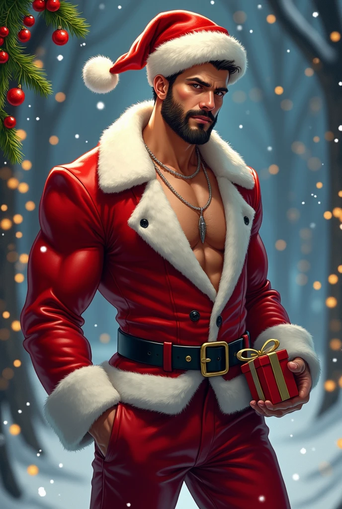 The king wears Santa's clothes ，Strong body，bellyfat，Icy background，40-year-old middle-aged man，male people，he is about 40 years old，Thick eyebrows, Big eyes，opens his eyes wide，With a smile，Gentle expression，Give gifts，musculature，