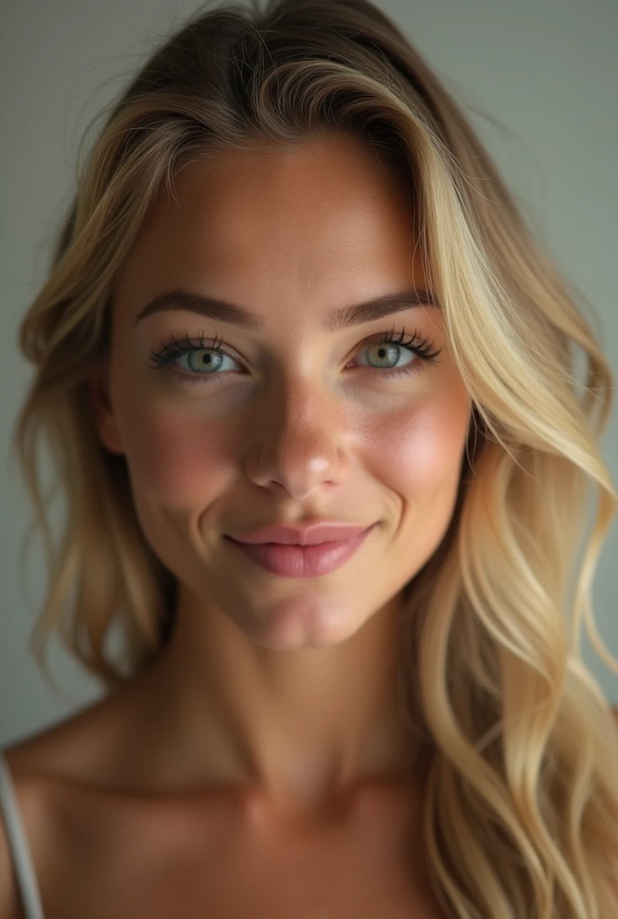Kizi, Caucasian skin, long light hair, eyes browns, slim face, thin lips, greeneyes, Grinning, blushed, semi new, buttocks sticking out