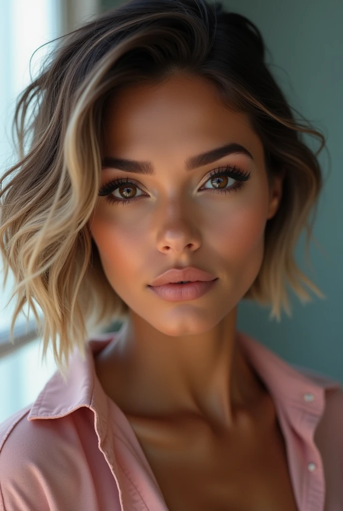 ((Meilleure qualité)), ((chef-d'œuvre)), (détaillé), visage parfait rond, Femme turque de 36 ans, grain de beauté près de l'œil gauche, NSFW, coupe courte de style pixie, cheveux chatains clairs, cheveux en mèches, cheveux bouclés, hanches et cuisses pleines, souriant, piercing nez