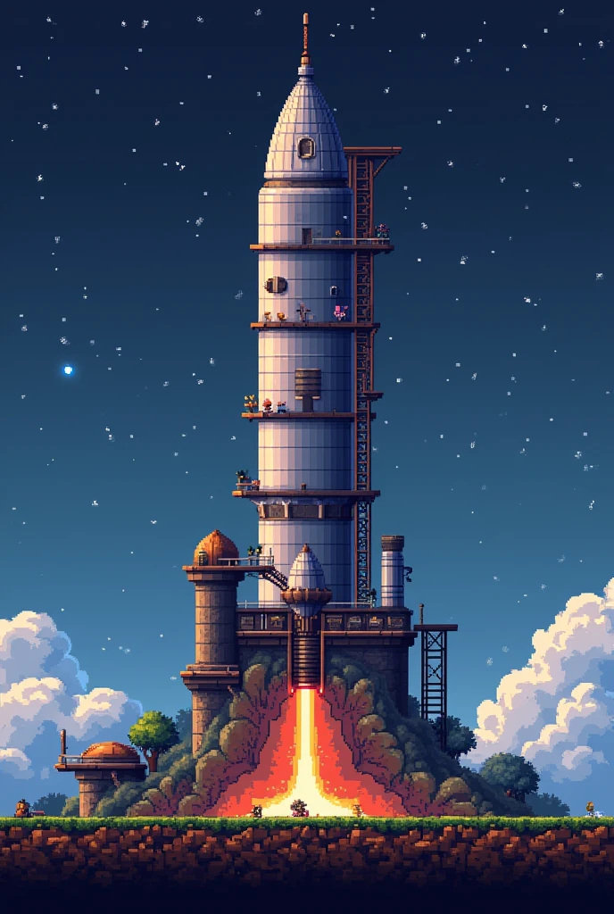  a rocket built in Terraria , which is a game similar to Minecraft , But 2d .  an example of building a large rocket with at least 400 blocks wide and 1000 high,  a rocket like a house ,  it is our underground base ,  it is large and has many blocks , multiple compartments,  make a distant view of it with these blocks ,  its construction is in blocks .  search about Terraria for more .