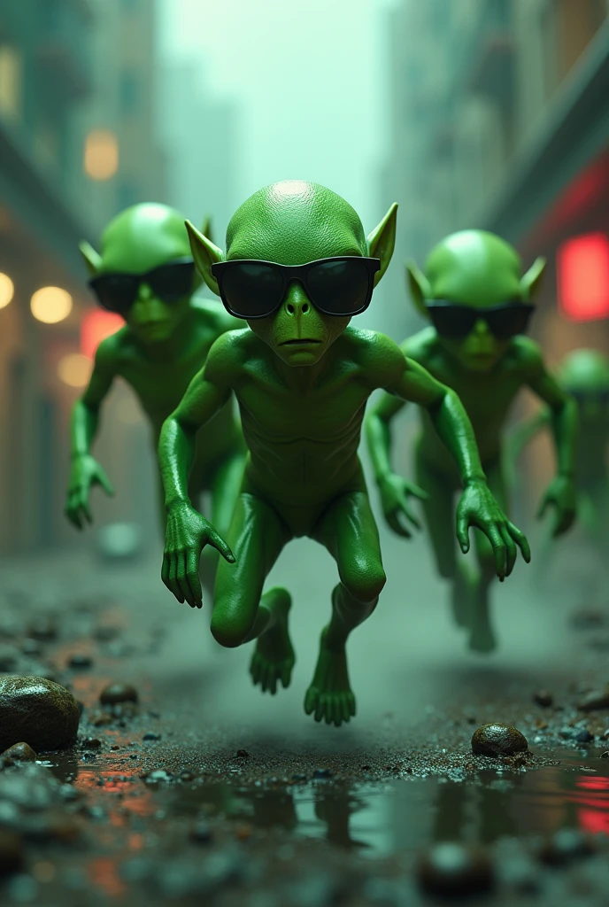 One guy taking a selfie with a group of green aliens, high details of the face and skin, high detail, logo: "neuro"