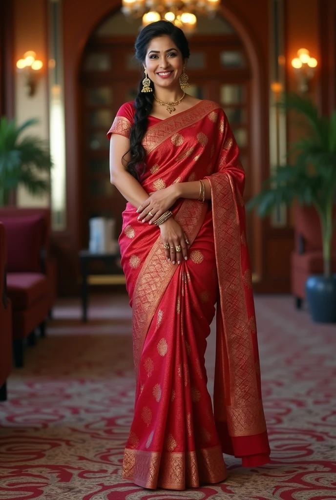 a sexy tamil aunty in office, dark skin, sexy smile, office secretory ,saree drop half, big ass, black lipstick, high heels, bringing tea,