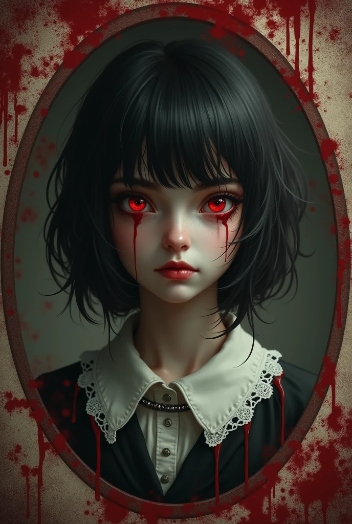 horror art, dread, horror, creppy unity 8k wallpaper, ultra detailed, beautiful ultra detailed, oil painting( a young Mime Girlwearing a classic beret, She has short hair in dark brown color and her eyes are yellow, she wears white makeup on her face, on her left cheek she will have the symbol of swords,  On her right cheek the symbol of hearts, she will have disfigured black makeup in her eyes, the environment is in a dark room the only source of light will be on top of the girl's head, she will have a scary smile, and wear red gloves