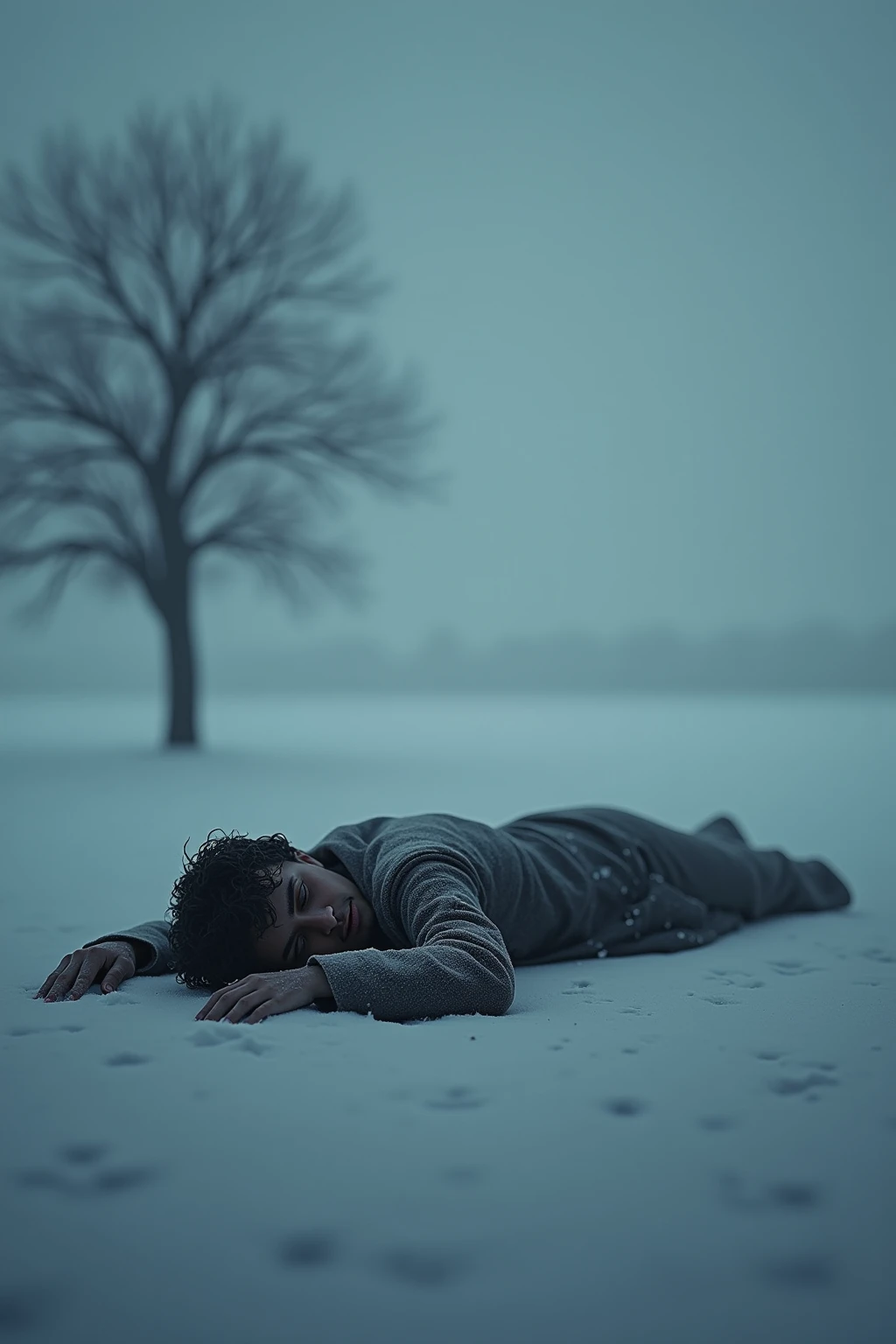 A statue of a sad man lying on the snow, behind him a barren black tree, with a gray and gloomy atmosphere.