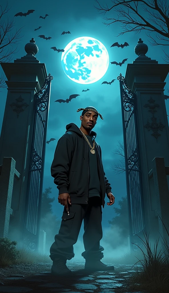 White Rapper with big shinning chains in a creepy semetary at summer night