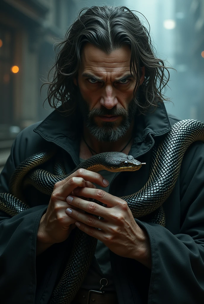 um close up de um homem cercado por cobras em um quarto escuro, snake is surrounding them, VIQUINGUES, eugene gottsnake, Jormungandr, Efeitos visuais impressionantes, Netflix, Tuomas Korpi e Wlop, jörmungandr, Ragnarok, ainda de um filme live action, dramatic cinematic action shot, badass composition, arte chave, muitas cicatrizes. Cinematic lighting