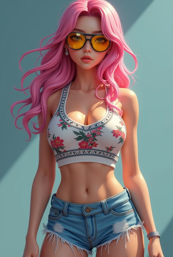 ((work of art, Maximum quality, high resolution)), ((highly detailed 8K unified CG wallpaper)), (Asian woman, 1,72m), (skin fair, Asian appearance), (extremely seductive), (Very defined muscles), (fully body), (wearing blue shorts with floral prints), (white top with tribal prints), (wearing sports glasses with yellow 90 lenses% transparent), (pink  hair)