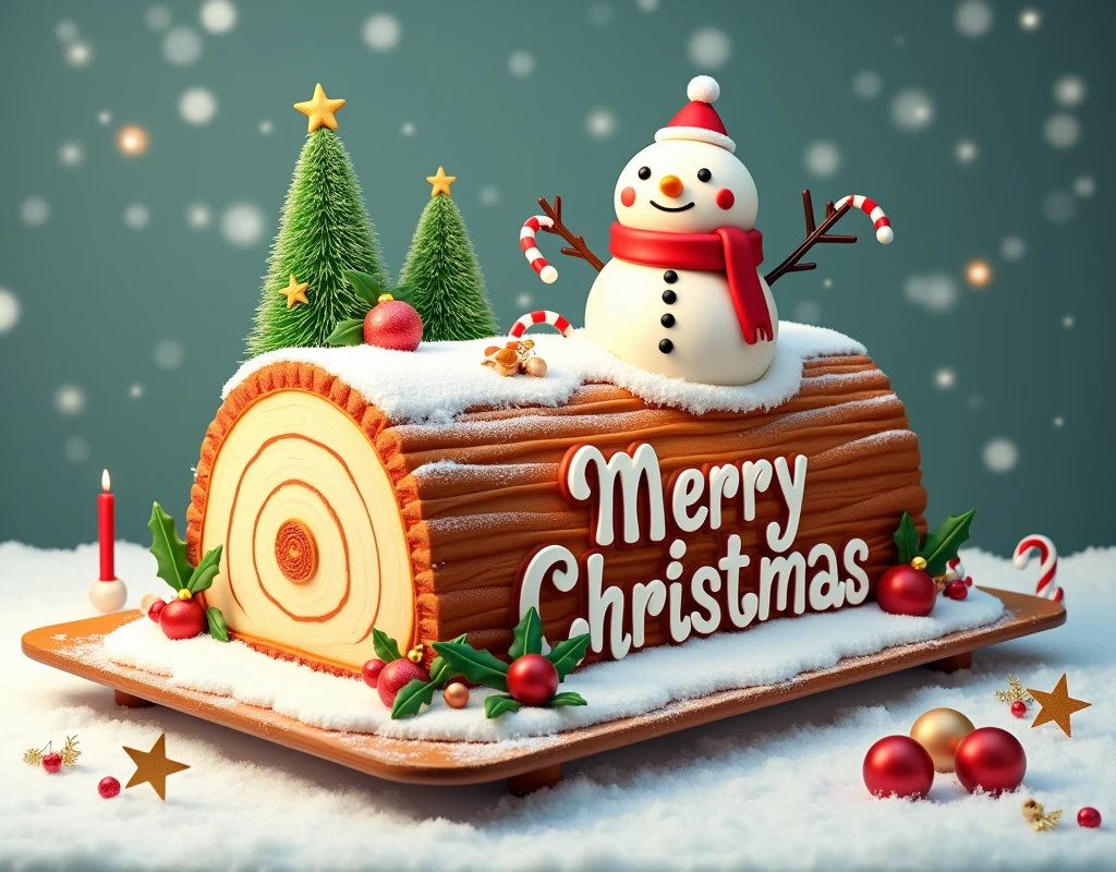 masterpiece,a decoration cake,(bush de noel),text:”Merry Christmas”,small christmas motifs,snow man like daikon character, high image quality, brightly colored