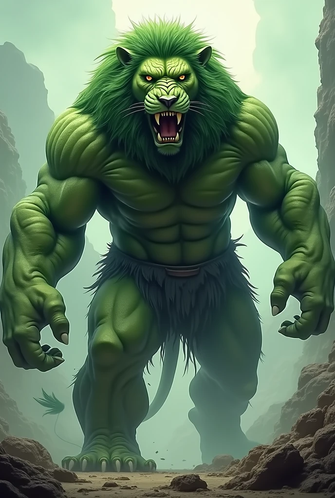 "Forge a monstrous, muscle-bound fusion of lion and Komodo dragon, with a shockingly realistic blend of skin and scales, set against an awe-inspiring, dramatic background."