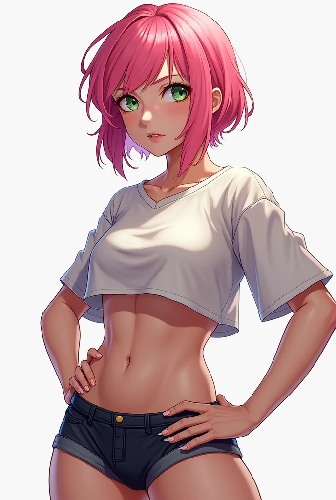 there is a cartoon of a girly boy with short pink hair, Sozinho, um desenho de anime de Ei-Q, vencedor do concurso pixiv, gothic art, estilo de arte anime moe, 1 anime de 7 anos, retrato estilo anime, em estilo anime, Femboy Demon, estilo anime plano, bonitinho, crossdresser de regata e shorts jeans, pose de sacanagem, Heavy breathing, pele bronzeada escura, bronzeado profundo