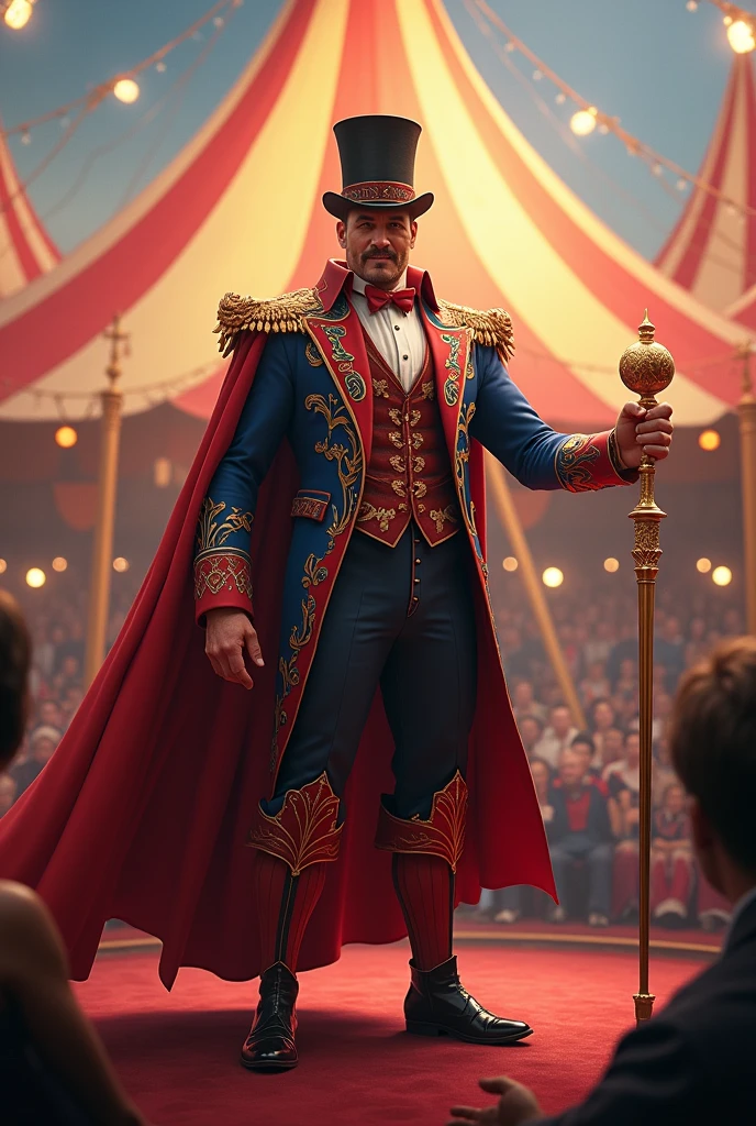 brutalmass, <lora:kirbywood:0.8> kirbywood, drawing, vintage color comics, a male ringleader on the mainstage mic in hand, circus, tailcoat + suit + cummerbund, Ringling Bros and Barnum & Bailey, large bulge, shirtless, cute youthful face, realistic, professional photo 4k, high resolution, high detail, <lora:more_details:0.25>