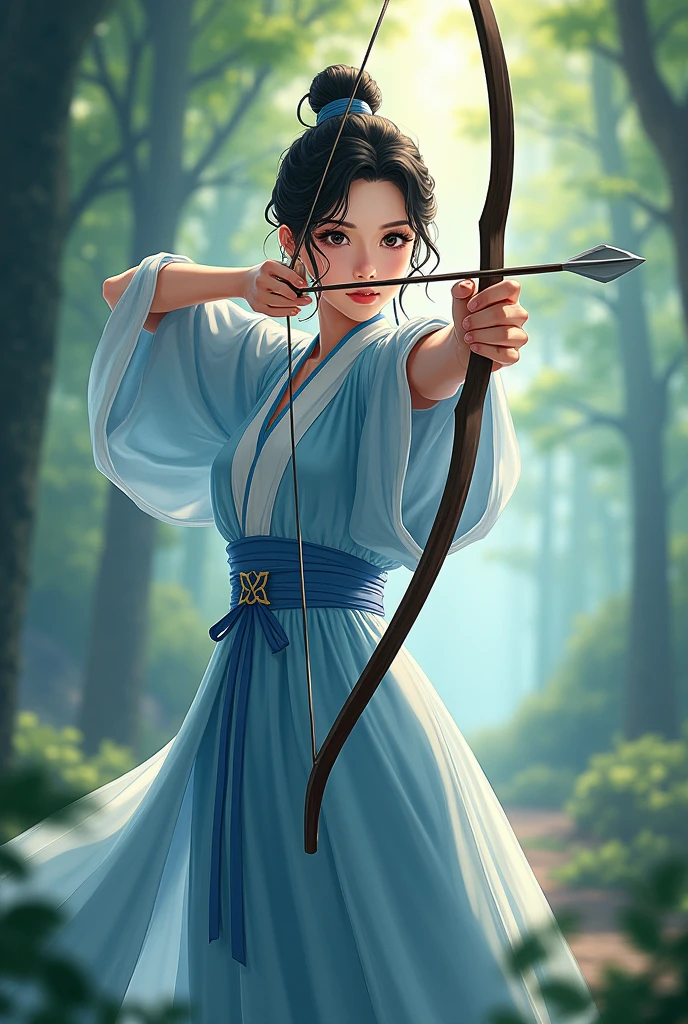 masterpiece, best quality, 1girl, solo, a archer, brown hair, turquoise head ribbon, wearing turquoise robe, blue inner tights, holding a bow, confident face, white background, full body, (closed mouth:1.2), looking at sky, best quality