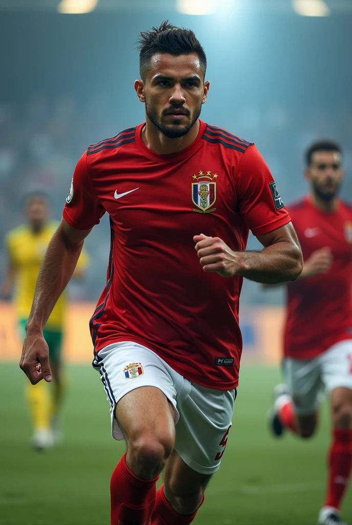 (best quality,4k,8k,highres,masterpiece:1.2),ultra-detailed,(realistic,photorealistic,photo-realistic:1.37),red and white Russian-Brazilian football team uniform, professional masculine players, intense match, dramatic lighting, vivid colors, action shots, stadium atmosphere, dynamic poses, passionate crowd, iconic star player(s), team logo
