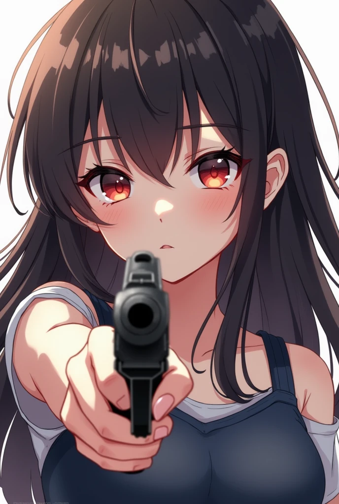 Anime girl standing on camera looking down and pointing a gun at the camera. Visible teddy bear panties. Big boobs
