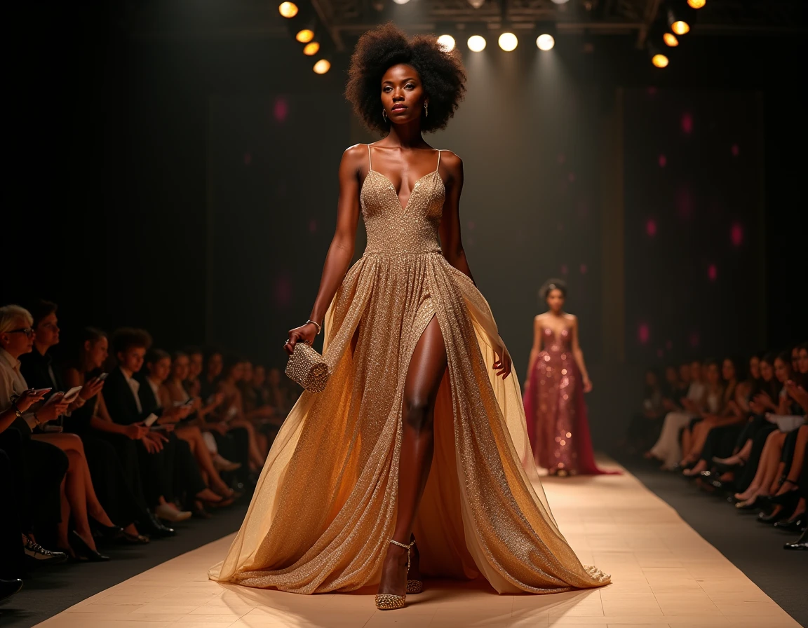 Beautiful young black woman dressed in a big extravagant dress fashion show