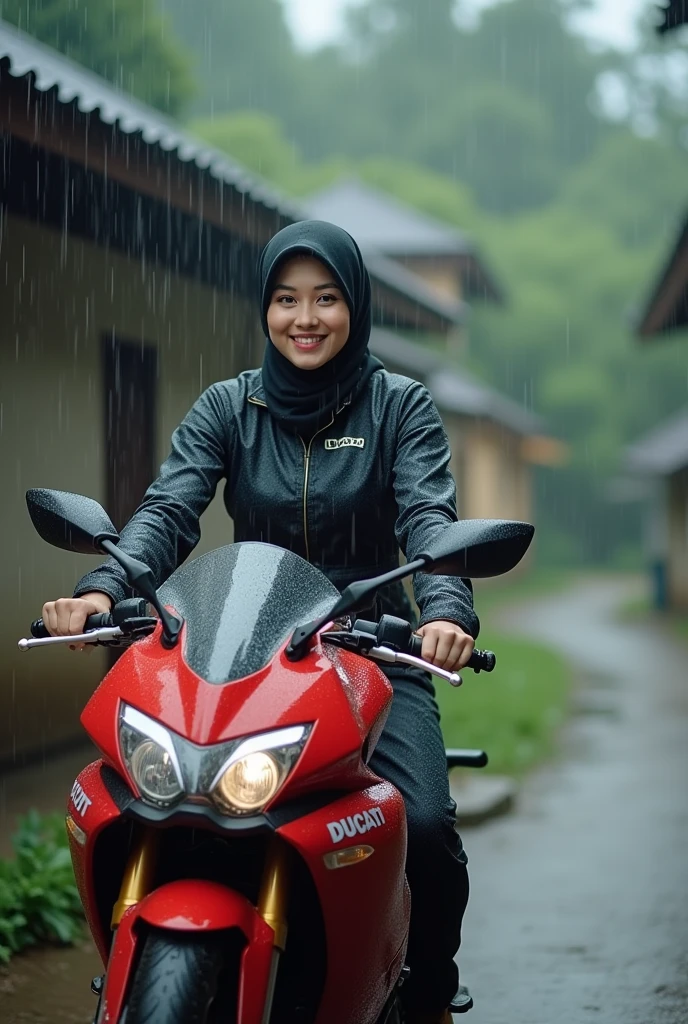 a beautiful woman aged 20 years typical of Indonesia wearing a hijab wearing a black jacket shiny pants cool shoes riding a motorcycle ninja kawasaki 4 not on the asphalt road cool background