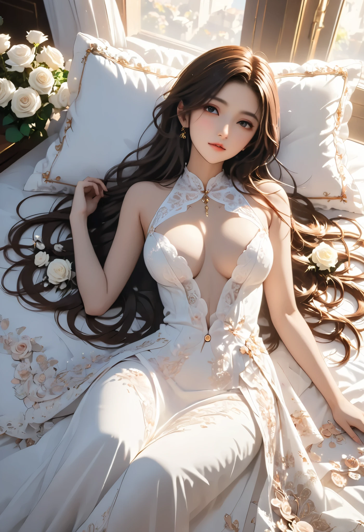 (1girl:1.3), cinematic light,  (masterpiece, top quality, best quality, official art, beautiful and aesthetic:1.3), extreme detailed,highest detailed,(ultra-detailed),((an extremely delicate and beautiful)), 
From above,(( lying on bed)), 
solo, breasts, silky long hair, (brown hair), white Rose flowers scattered all over the bed,
black-Lace-nightware, open breast,