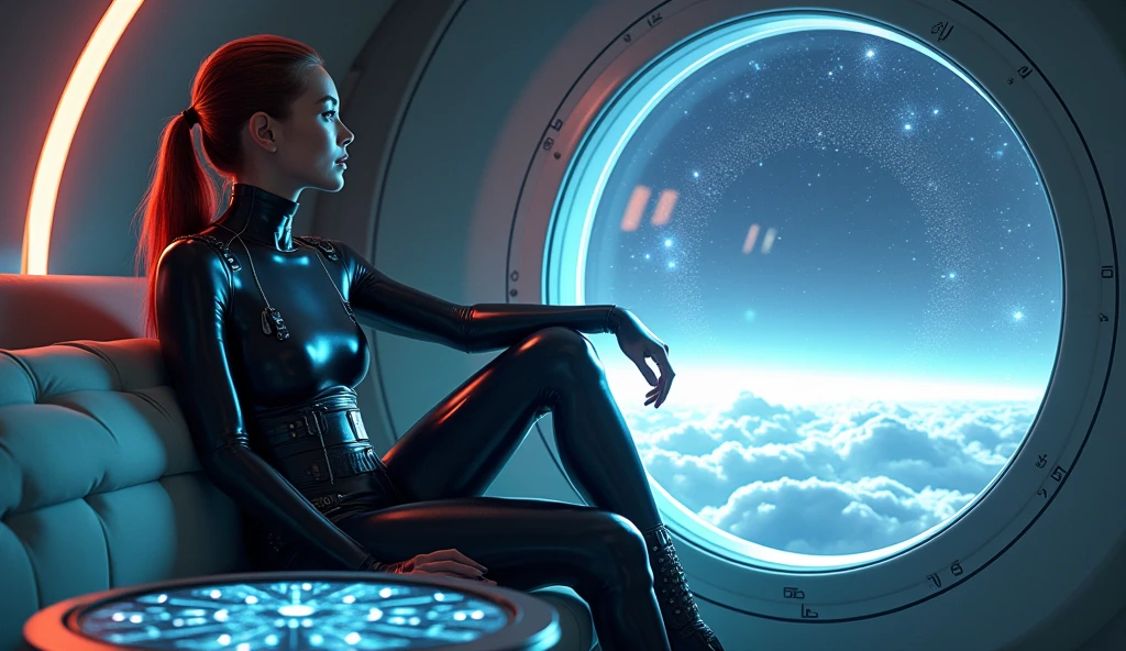 Spacecraft of the future、Cabin overlooking the galaxy、A beautiful gynoid with a full metal body、Nice proportions、Sitting in the cockpit
