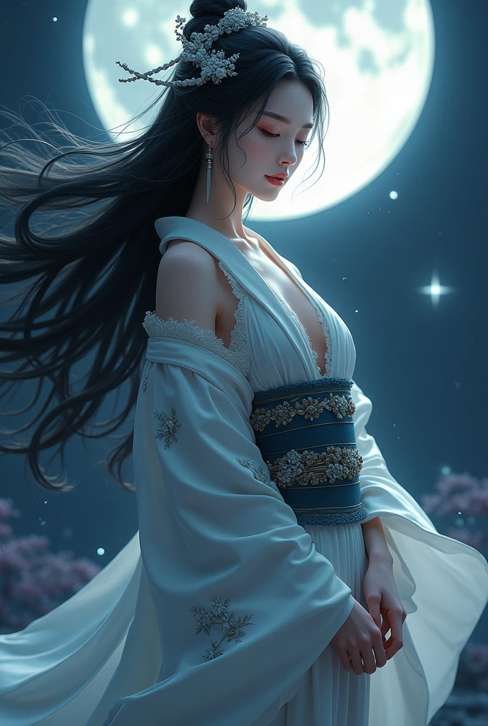 "Include blood, ????, ????????, wounds, injuries, corpses, decay, rotten elements, horror elements, scary faces, monsters, grotesque details, mu**Prompt:** Create an ultra-realistic 8K resolution image of Yuki-onna, the mythical snow spirit from Japanese folklore, reimagined as the ultimate horror figure while retaining her iconic features. Yuki-onna is depicted with ghostly pale, almost translucent skin that glistens with frost, giving her an ethereal and menacing presence. Her long, flowing black hair is tangled and unkempt, partially obscuring her face and adding to her eerie allure. Her eyes are a piercing icy blue, glowing ominously in the darkness, and exuding a sense of cold indifference and terror.
She wears a tattered, white kimono that appears to be made of ice and snowflakes, intricately detailed with dark, sinister patterns that resemble frostbite and shadows. The kimono is torn and ragged, with parts of it seemingly melting or disintegrating, enhancing her terrifying appearance. Her movements are fluid and unnatural, as if she glides effortlessly through the air, leaving a trail of frost and mist in her wake.
Yuki-onna's presence is surrounded by a chilling, snow-covered landscape under a blood-red moon, casting long, twisted shadows and creating an atmosphere of dread. The background features barren, leafless trees with icy branches and a frozen, desolate environment that amplifies the horror elements. Snowflakes swirl violently around her, some turning into ghostly apparitions or icy shards that add to the sinister mood.
Her expression is cold and emotionless, with a slight, unsettling smile that hints at her malevolent nature. Her hands are elongated with sharp, claw-like nails, and she holds a staff made of ice that emanates a dark, frozen energy. The overall scene captures the essence of Yuki-onna as the ultimate horror figure, blending her traditional mythical attributes with a terrifying and haunting aesthetic that evokes fear and fascination.