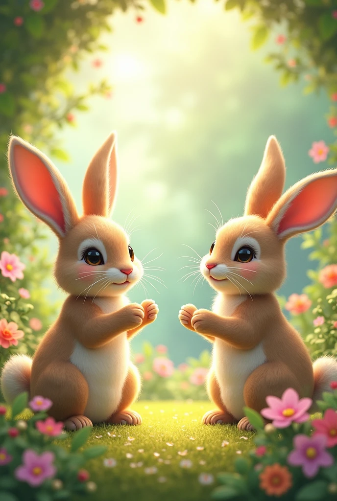 Male bunny and female bunny find a shimmering carrot half-buried in the grass from a distance