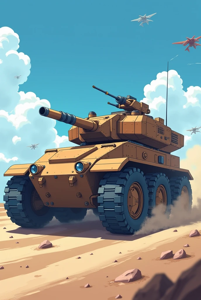 goofy popped color, sky, cloud, war vehicle, outdoors, vehicle focus, no humans, motor vehicle, blue sky, day, war tank<lora:goofy popped color:0.7>