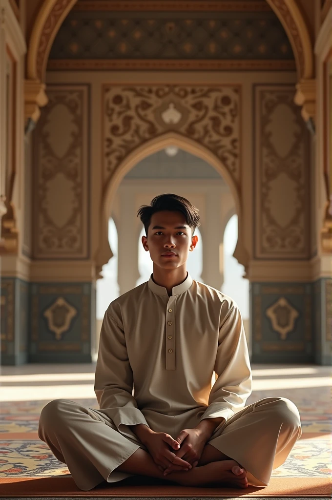 The same young Middle-Eastern man in a white prayer garment, now in a bowing position with hands on knees, eyes looking downward, background showing the same mosque's intricate design, soft and peaceful lighting, capturing the humility and devotion of the bowing, 16:9 aspect ratio, realistic, f/2.8, ISO 200, 50mm lens -- 16:9