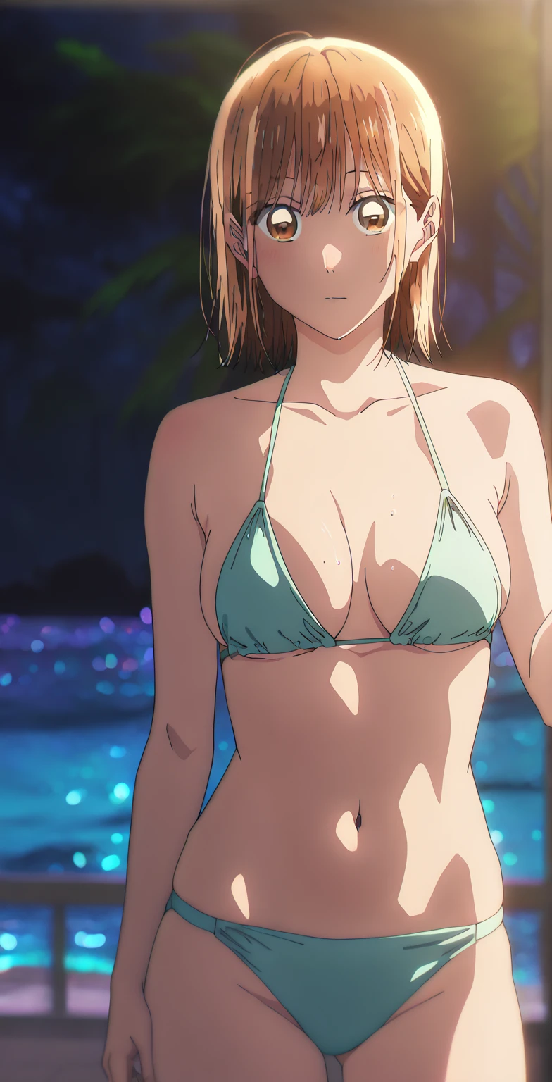   1 girl, Alone, Chinatsu,  Blurred Background,   brown eyes、  bikini、 medium boobs 、sea、night、 clevis on a stone、belly button、 viewers, masterpiece,  top quality,   High Quality ,    Very Refined ,   absurd