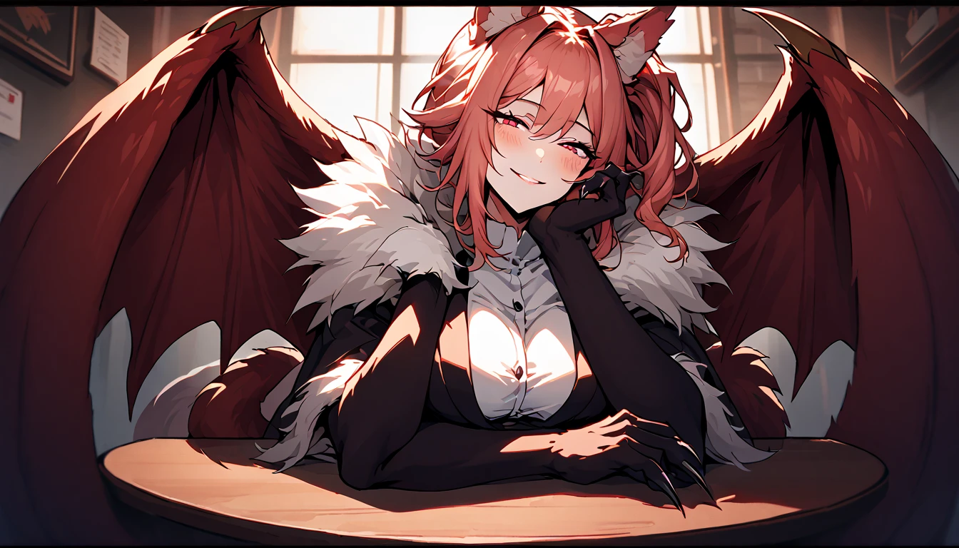 solo, close up, female, huge female, 7 foot tall, wide smile, friendly, half closed eyes, red eyes, light red hair, long wavy hair, side-ponytail, neat straight hair, ManticoreMGE, monster girl, prehensile tail, animal ears, neat black suit, broad shoulders, muscular, slightly bulky body, cafe, sitting on chair, fur, wings, claws, very large breasts, gazing at viewer, close-up, sunny, indoors, white button shirt:1.3, loving gaze, slight blush, lightwell, extremely tall:1.3, resting hand on chin, breasts pressing on table, open top, head tilt, pov, perspective