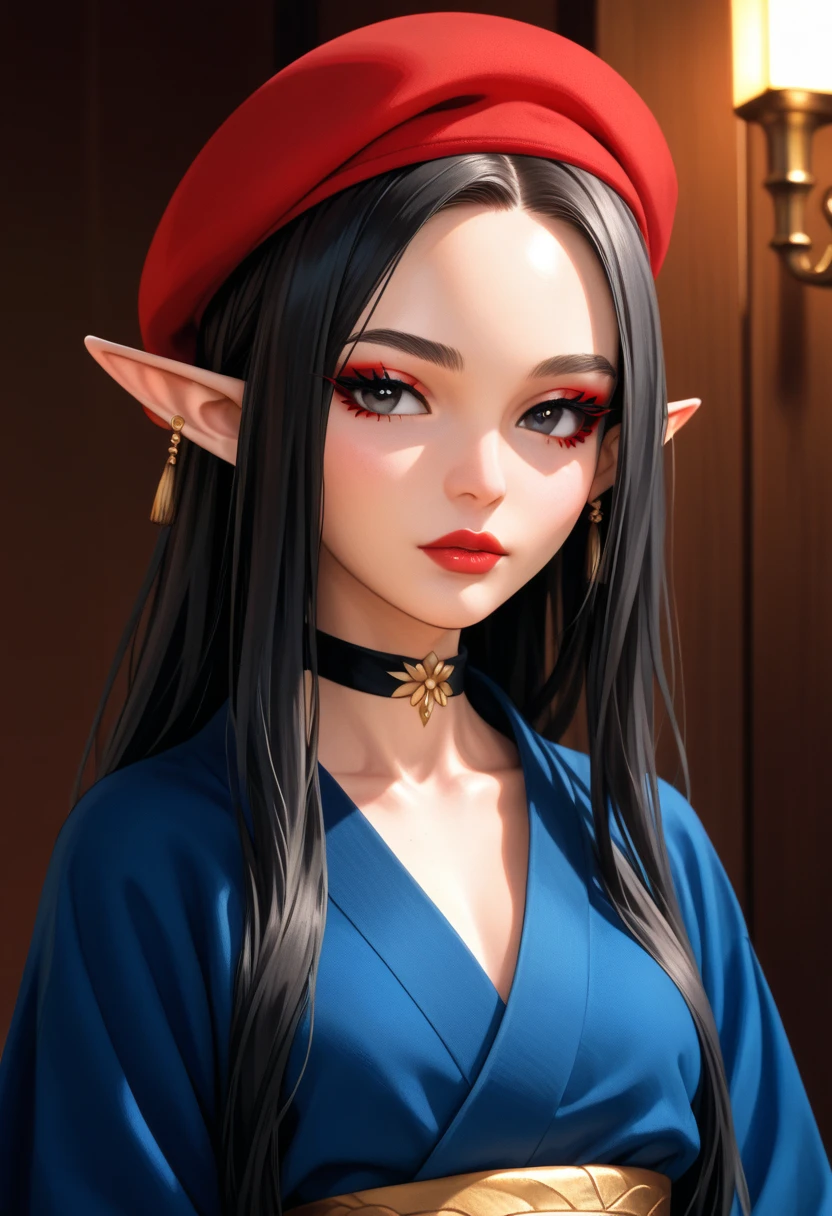 Create a portrait illustration of a petite, European, elf-like female character with regal features. (oval-shaped face), (small eyebrows), (expressive almond-shaped eyes), (dark eyeliner), (long bold eyelashes), (glossy red lips), (black eyes), (full lips), (small upturned nose), (elegant and dramatic look), (pale complexion), (rosy cheeks), (long straight black hair), (sleek and polished), (absurdly long hair), (elongated pointed elf ears), (fantasy aesthetic). (navy-blue kimono), (red beret), (gold accents), (minimalistic yet regal), (white collar layered beneath navy-blue fabric), (gold trim along edges), (decorative red and white obi), (dark blue seigaiha wave motifs), (sophisticated traditional design), (black choker), (modern contrast with traditional attire), (calm and contemplative), (air of mystique), (traditional Japanese clothing), (fantasy modern fusion), (balanced and captivating visual identity), (refined anime realism), (clean rendering), (ultra-detailed textures), (polished finish), (glossy finish), (dramatic lighting), (8K resolution).