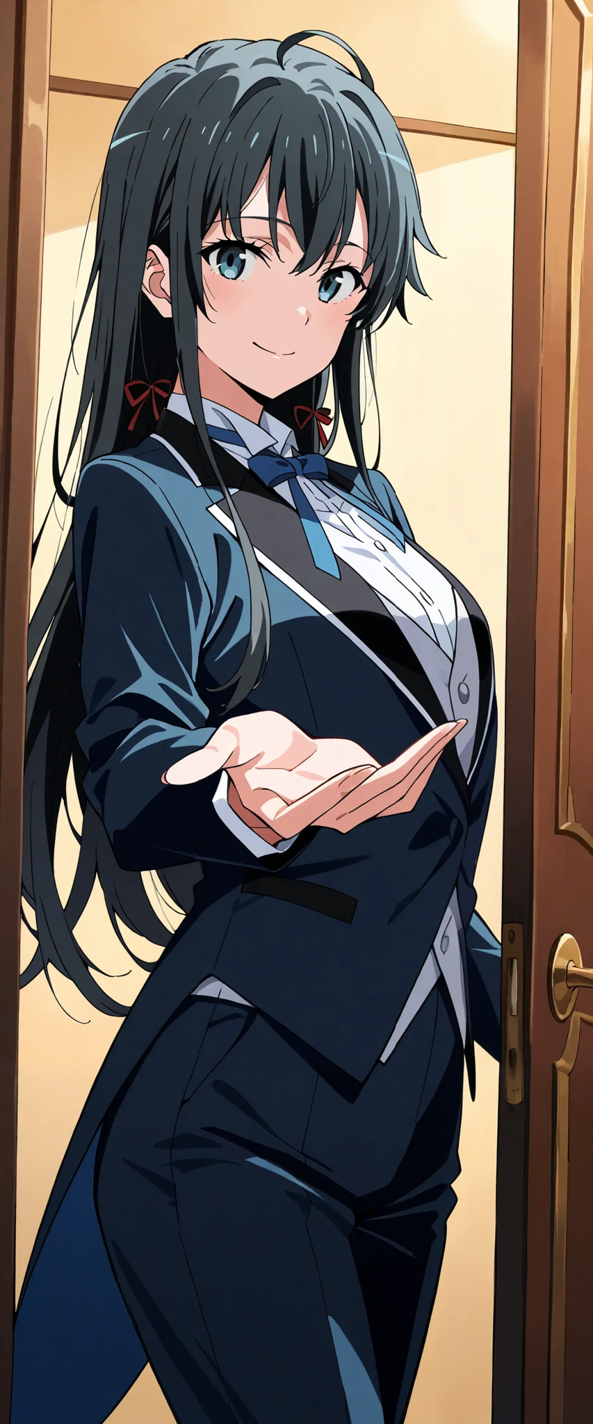 score_9, score_8_up, score_7_up, score_6_up, score_5_up, score_4_up1girl, solo, yukinoshita yukino,, suit tuxedo , , long hair, bangs, sidelocks, indoors, standing,happy,smile,looking at viewer, cowboy shot, blue tie woman in formal attractive suit tuxedo tailcoat standing in a large alcove in the room, , reaching towards viewer , one hand , badass , 