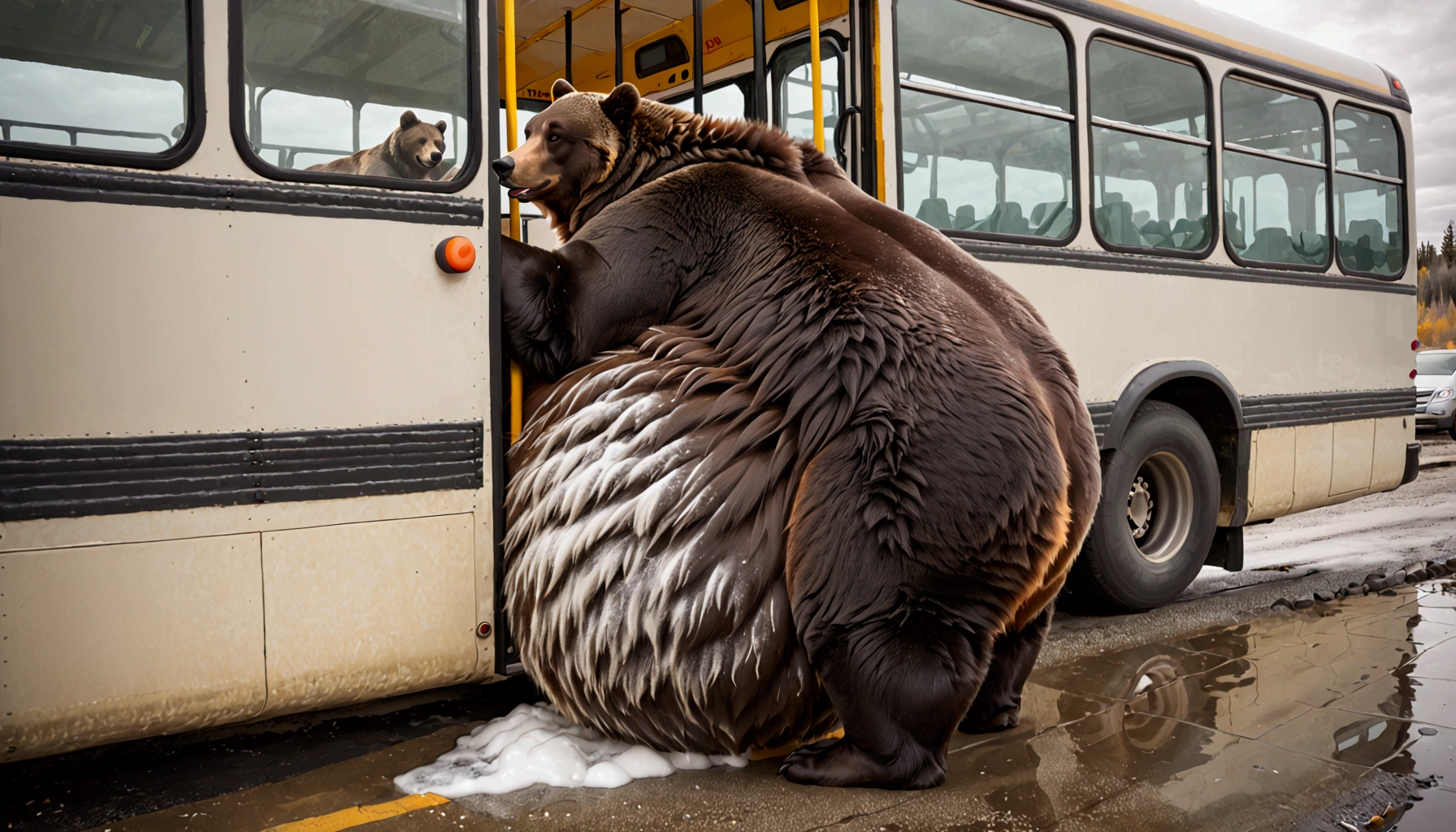 A massive grizzly bear with an unbelievably extremely massive belly, so heavy it drags along the ground, struggles to fit through the narrow doorway of a bus. Its belly presses tightly against the edges of the frame, bulging slightly as it slowly pushes forward, causing the bus to creak under the strain. The bear's fur brushes against the door as it inches through, its sheer size making the task difficult but not impossible, creating a tense yet humorous moment.