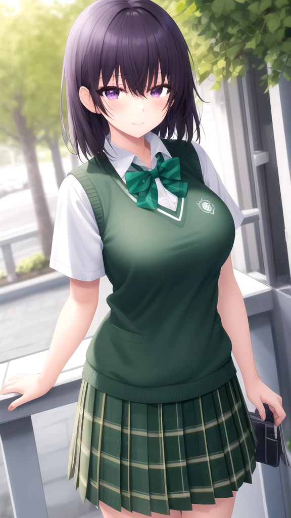 masterpiece, best quality, high quality, girl, solo, looking at viewer, amane_fujimiya, large breasts, school uniform, green bowtie, white shirt, short sleeves, sweater vest, yellow vest, plaid skirt, green skirt, standing, cowboy shot, outdoors