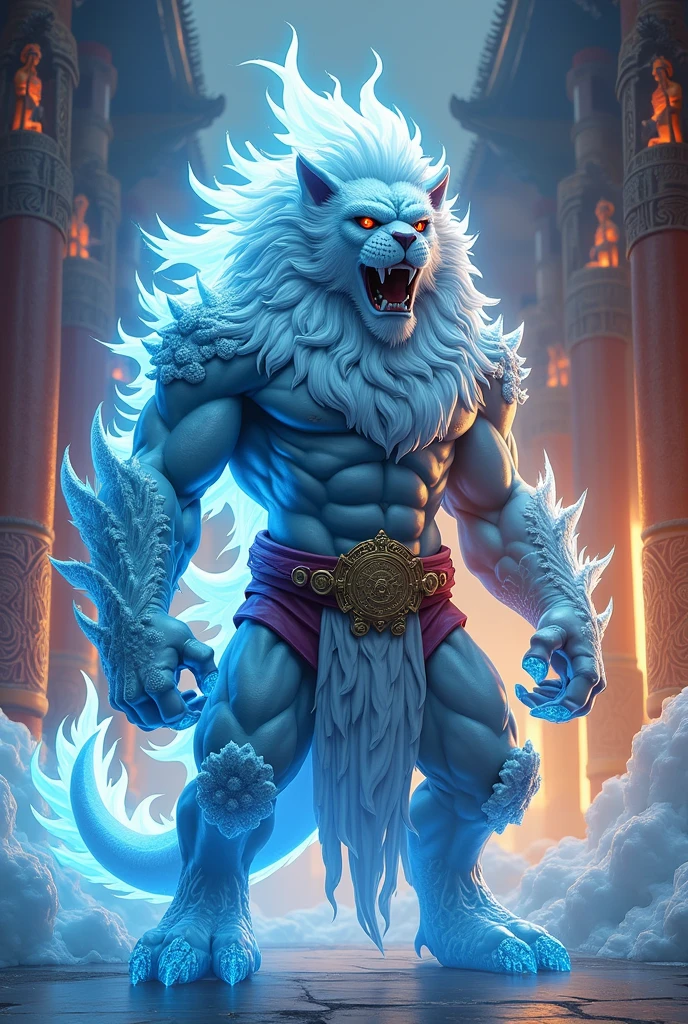 nj5furry, ( albino, Leomon, massive, huge), albino Leomon, ((extremely realistic shadows, masterpiece, extremely detailed, photorealistic)), kemono, silver mane, Leomon albino, ((detailed face)) nose, blue eyes, ((detailed eyes)), white skin, white fur, white hair, height 3 meters high, the optimal height, tight clothing, body full of muscles; muscle and bulge pecs, ripped abs, V-shaped body, thick waist, long legs, strong arms manly, handsome face, attractive cool calm face type with a cold smile, topless. Snow forest, night, moon, moon rays, nebula; he wears a blue and white cloth loincloth revealing huge muscular thighs.